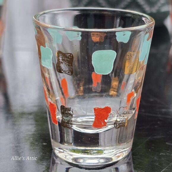 4 Vtg MCM Orange Gold Aqua Teal Blue Atomic Shot Glasses Cocktail Barware Set - Picture 4 of 5